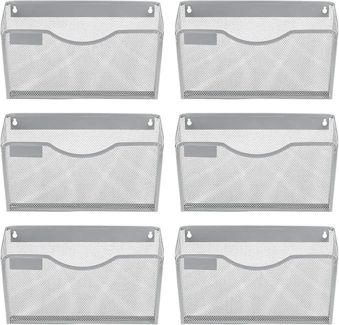 EasyPAG 6 Pack Wall File Organizer with Label Panel, Mesh Hanging File Folder Organizer for Letter/A4 Size Folders, Wall Mounted Vertical Mail Holder for Paperwork, Office, Home, School, Silver