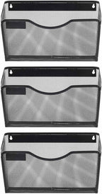EasyPAG 3 Pack Wall File Organizer with Label Panel, Mesh Hanging File Folder Organizer for Letter/A4 Size Folders, Wall Mounted Vertical Mail Holder for Paperwork, Office, Home, School, Black