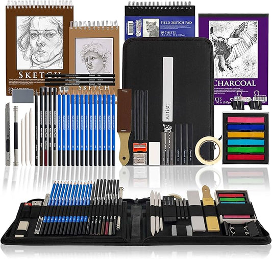 54-Piece U.S. Art Supply Drawing & Sketching Set with 4 Sketch Pads - Ultimate Artist Kit with Graphite, Charcoal, Pastels, Erasers in Pop-Up Carry Case