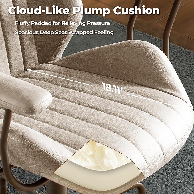 ovios Ergonomic Home Office Chair, Mid-Century Modern Faux Leather Chairs with Padded Armrests, Comfy Mid Back Swivel Rolling Executive Computer Armchair (Beige, Suede Leather)