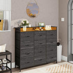 Welfuturer Black Dresser with LED Light 12 Drawers Dresser with Charging Station Dressers for Bedroom with 12 Fabric Drawers for Bedroom Hallway Entryway Closets Sturdy Steel Frame Wood Top Black