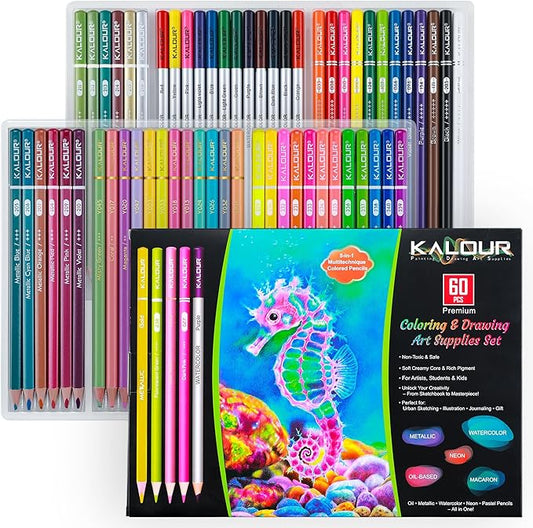 KALOUR 60 Art Drawing Set, Multi-Technique Colored Pencils with Oil-Based, Metallic, Watercolor, Neon, Macaron Pastels.for Artists, Adults.Art Supplies for Sketching, Coloring & DIY Crafts