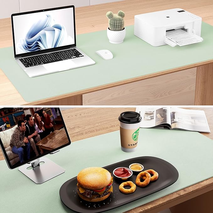 Aothia Double-Sided Desk Pad - 35.4" x 15.7" Leather Desk Mat with Eco Cork Protector, Large Mouse Pad, Waterproof Desk Blotter for Office/Home (Aqua)