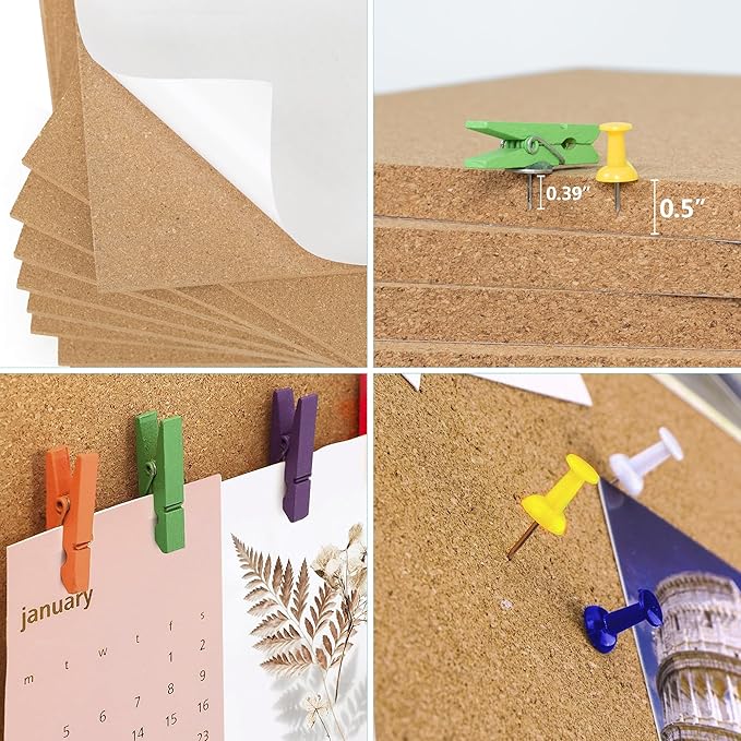 AKTOP Cork Board Bulletin Board 12x12, 1/2" Thick Cork Board Tiles 9 Pack, Small Square Pin Board for Wall, Self Adhesive Corkboards with 120 Push Pin Wood Clips for School, Home & Office