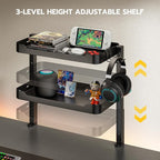 ARES WING 2-Tier Clamp On Desk Shelf, 16 inch Adjustable Above or Under Desk Storage Shelves Holds 44 lbs, Heavy Duty Desktop Organizer with Headphone Holder for Working and Gaming Accessories, Black