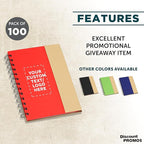 DISCOUNT PROMOS Custom Eco Friendly Spiral Notebooks with Pens Set of 100, Personalized Bulk Pack - Perfect for School, Office, Home - Red