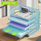 Cawukege 5 Tier Paper Organizer with Handle, Metal Mesh Desk Organizer File Folder Paper Letter Tray Desktop Document Sorter for Classroom, School, Office Accessories Organization and Storage - Blue