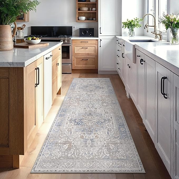 GENIMO 2'6"x6 Runner Rugs for Hallway, Machine Washable Non Slip Vintage Retro Rugs, Low Pile Lightweight Thin Print Rug for enrtyway, Corridor, Home Office, Kitchen, Khaki Blue