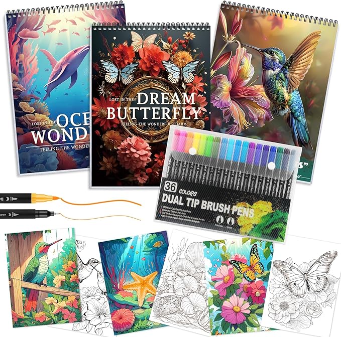 3Pcs Adult Coloring Book for Women Relaxation, 36 Colors Markers with Spiral Bound Adult Coloring Book for Women, 36 Dual Tip Colors Markers, Anxiety Relief Mindfulness Gifts(Ocean & Bird & Butterfly)