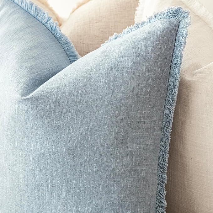 Foindtower Set of 2 Decorative Linen Fringe Throw Pillow Covers Cozy Boho Farmhouse Cushion Cover with Tassels Soft Accent Pillowcase for Couch Sofa Bed Living Room Home Decor,26×26 Inch,Sky Blue