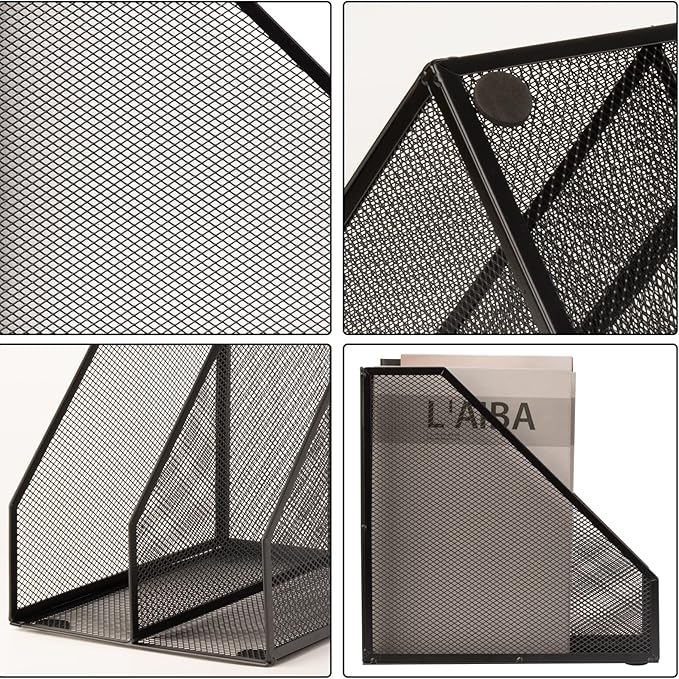 2 Set Magazine Holder Metal Wire, 2 Compartments Mesh File Holder for Desk, Office Desk Accessories Decorative File Box, Black