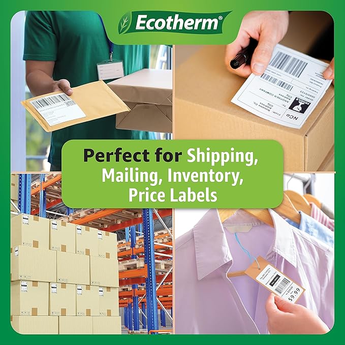 4" x 6" Thermal Labels | 4 Rolls | 1100 Labels | fits Zebra, Munbyn, Rollo, Godex, Arkscan, iDPRT, Offnova Thermal Label Printers and More | Blank White Adhesive Stickers by Ecotherm