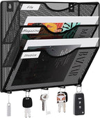 EasyPAG 3 Pocket Mesh Wall File Organizer with Key Hooks, Hanging Paper Folder Holder with Classify Label, Vertical Wall Mount Mail Organizer for Office Home Classroom, Black