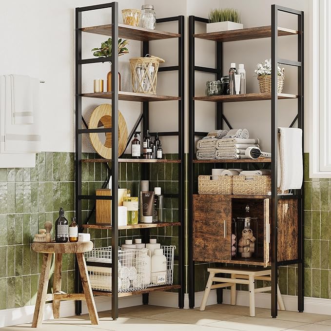 70 x70" Triple 5 Tier Book Shelf, Industrial Large Bookcase with Storage Cabinet, Tall Bookshelf with 14 Open Display Shelves Metal Frame Furniture for Living Room Bedroom Home Office Rustic Brown