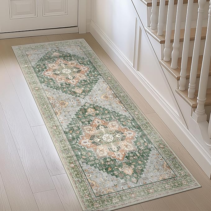 GENIMO 2x7 Runner Rugs for Hallway, Machine Washable Non Slip Vintage Rugs, Low Pile Lightweight Soft Print Rug for enrtyway, Corridor, Home Office, Kitchen,Sage Green
