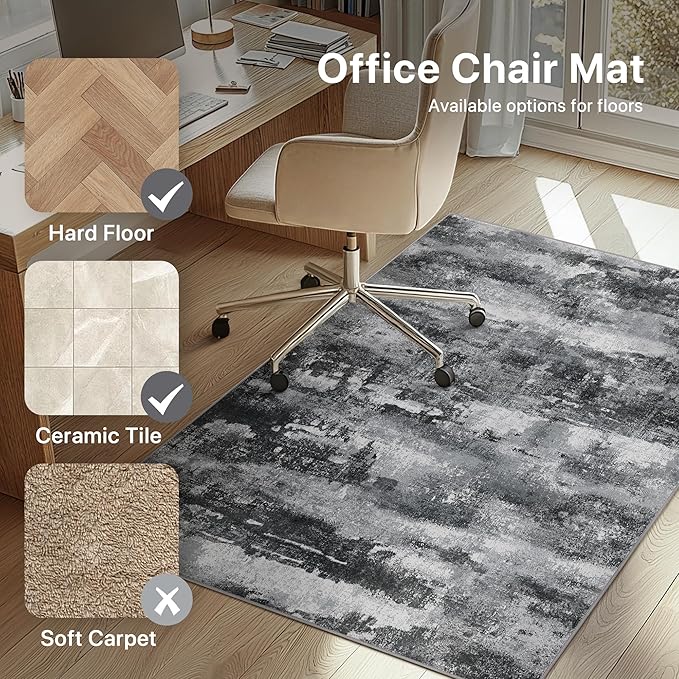Office Chair Mat for Hardwood Tile Floor, Abstract 36"X 48" Desk Mats for Office Chair on Rolling Chairs Carpet, Desk Anti-Slip 1/5" Thick Rug for Computer Chair, Thin Low-Pile Floor Mat, Dark
