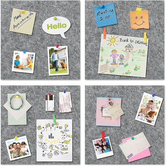 AKTOP Cork Bulletin Board 12x12, 1/2" Thick Felt Cork Board Tiles 12 Pack, Small Square Pin Board for Wall, Self Adhesive Corkboards with 120 Push Pin Wood Clips for School, Home & Office, Grey