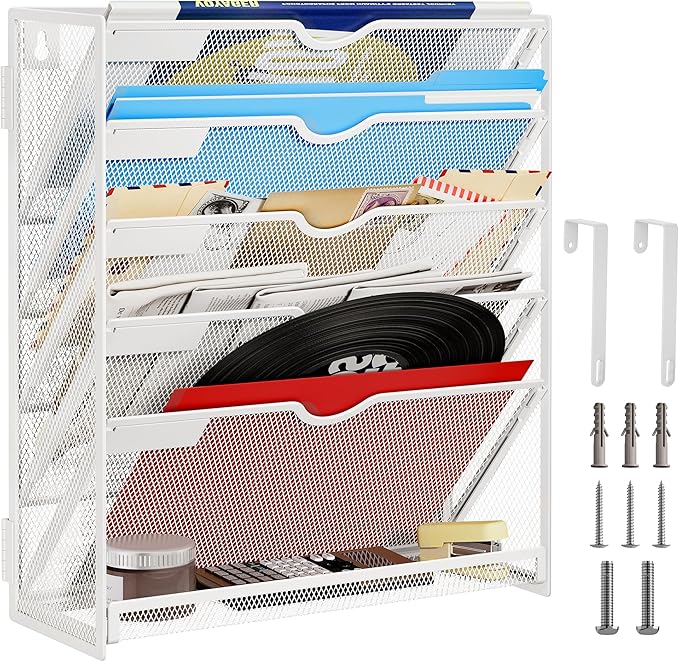 Lavatino 6-Tier Hanging File Organizer, Wall Mount File Holder for Mails Folders Papers Magazine Organization, Vertical Document Organizer for Office Home - (White)