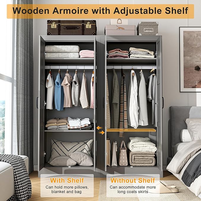 2 Door Wardrobe Closet, Wood Armoire with 2 Shelves and Hanging Rod, Freestanding Tall Storage Cabinet, Bedroom and Guest Room Armoire Cabinet for Clothes Storage, Gray