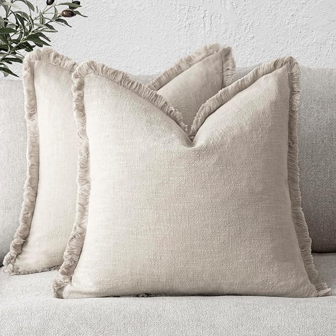 Foindtower Set of 2 Decorative Linen Fringe Throw Pillow Covers Cozy Boho Farmhouse Cushion Cover with Tassels Soft Accent Pillowcase for Couch Sofa Bed Living Room Home Decor, 16×16 Inch, Beige