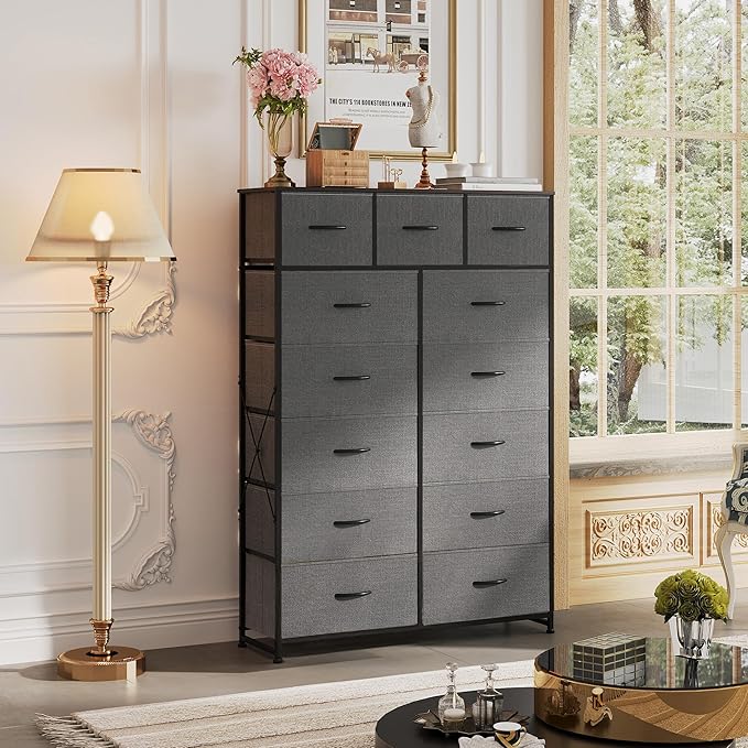 WLIVE Storage Organizer Unit with 13 Fabric Bins, Storage Drawers Organizer with Steel Frame, Tall Storage Tower Organizaton for Living Room, Hallway, Office, Dark Grey
