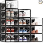 SEE SRPING XX-Large Shoe Storage Box Fit Size 14, Clear Plastic Stackable Shoe Organizer for Closet, Shoe Rack Sneaker Containers Bins Holders, Drawer Organize Unit, 12 Pack Black