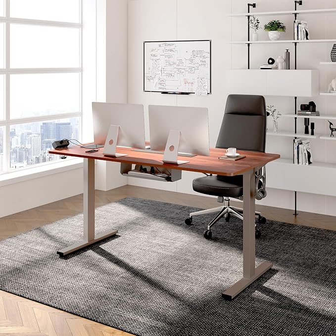 FLEXISPOT EN2 Whole-Piece Standing Desk with Clamp Power Strip, 48 x 30'' Height Adjustable Electric Stand Up Desk with Cable Management (Gray Frame + Mahogany Top, 2 Packages)