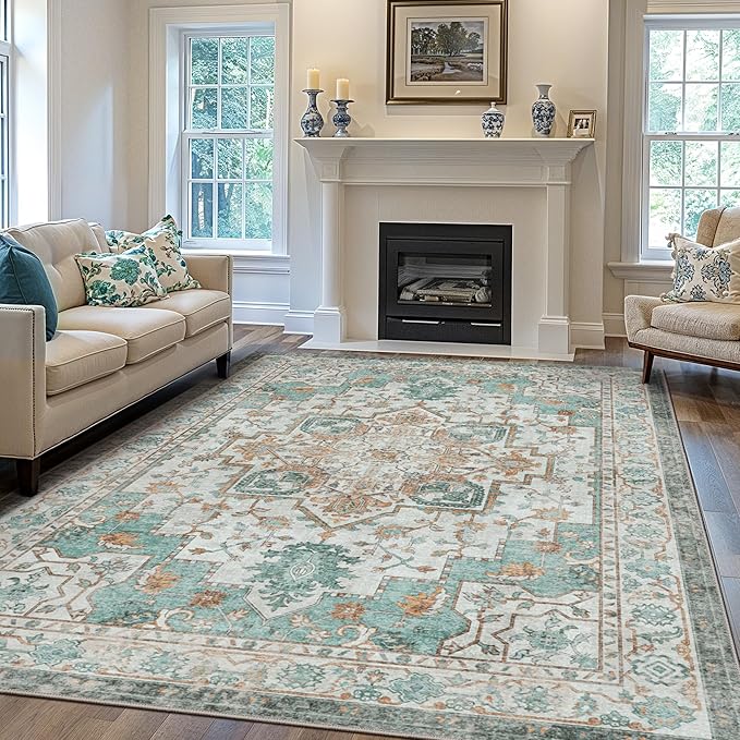 GENIMO 7'6''x9'6'' Area Rugs for Living Room, Machine Washable Non Slip Vintage Rugs, Low Pile Lightweight Chenille Print Rug for Bedroom, Dining Room, Home Office, Cyan