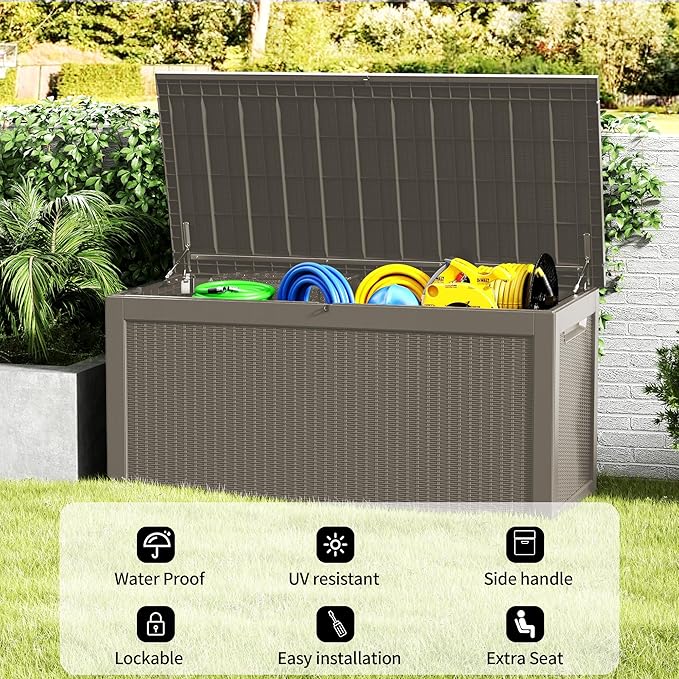 Yardgrace 320 Gallon Lockable Resin Deck Box, Waterproof & UV-Resistant Outdoor Storage Box for Outdoor Cushion Storage, Garden Tools & Pool Accessories Storage, Gray