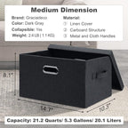 Graciadeco Medium 15" 21 Quart Collapsible Stackable Storage Bins with Lids, 5 Packs Dark Gray Foldable Fabric Closet Storage Boxes with Lids, Lidded Heavy-duty Linen Baskets(15x11x8)
