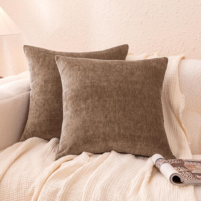 Amazon Basics Chenille Throw Pillow Covers, Home Decor Cushion Cover for Bedroom Living Room Couch Bed, 18" W × 18" L, Brown