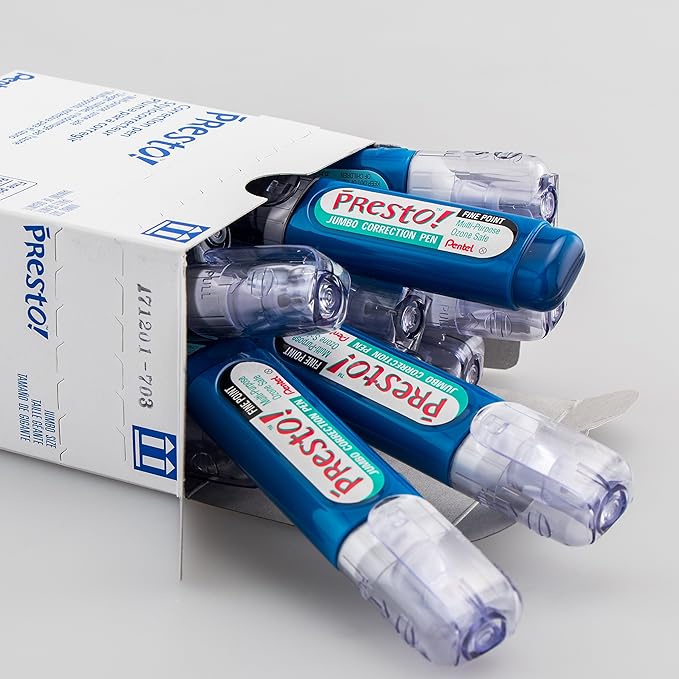 Pentel Presto! Jumbo Correction Pen, Fine Point, Metal Tip, Box of 12 (ZL31-W)