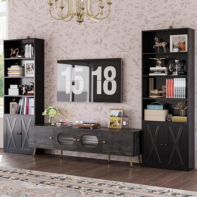 IRONCK Industrial Bookshelves and Bookcases with Doors Set of 2 Floor Standing 6 Shelf Display Storage Shelves 70 in Tall Bookcase for Home Office, Living Room