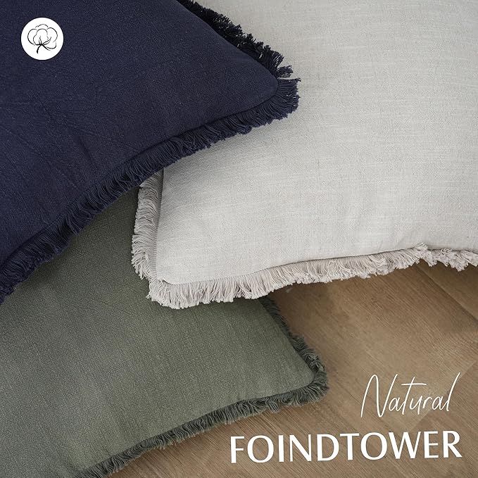 Foindtower Set of 2 Decorative Linen Fringe Throw Pillow Covers Cozy Boho Farmhouse Cushion Cover with Tassels Soft Accent Pillowcase for Couch Sofa Bed Living Room Home Decor, 16×16 Inch, Olive Green