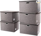 PRANDOM Extra Large Collapsible Storage Bins with Lids [5-Pack] Linen Fabric Foldable Storage Baskets Boxes Organizer Containers Cube with Cover for Bedroom Closet Office Nursery (22.8x15.75x13.8)