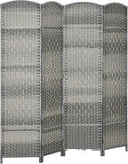 HOMCOM 4 Panel Room Divider, 6' Tall Folding Privacy Screen, Hand-Woven Freestanding Wood Partition for Home Office, Bedroom, Mixed Gray