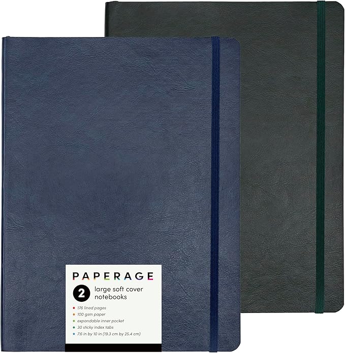 PAPERAGE 2-Pack Softcover Lined Journal Notebook (Navy & Dark Green), 176 Pages, Large B5 College Ruled Notebook, 7.6 inches x 10 inches - 100 GSM Thick Premium Paper, Soft Vegan Leather Journal for Home, Work & School