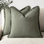 Foindtower Set of 2 Decorative Linen Fringe Throw Pillow Covers Cozy Farmhouse Boho Cushion Cover with Tassels Soft Accent Pillowcase for Couch Sofa Bed Living Room Home Decor 20×20 Inch Olive Green