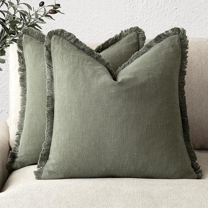 Foindtower Set of 2 Decorative Linen Fringe Throw Pillow Covers Cozy Boho Farmhouse Cushion Cover with Tassels Soft Accent Pillowcase for Couch Sofa Bed Living Room Home Decor, 16×16 Inch, Olive Green