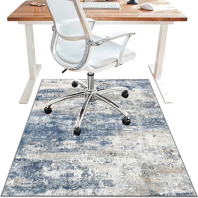 Office Chair Mat for Hardwood Tile Floor, Abstract 36"X 48" Desk Mats for Office Chair on Rolling Chairs Carpet, Desk Anti-Slip 1/5" Thick Rug for Computer Chair, Thin Low-Pile Floor Mat, Navy Beige