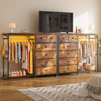EnHomee 49.2" W Dresser with Hanging Rack & 6 Fabric Drawers – Wooden Top Organize Unit Featuring LED Lights, Charging Station & Grid Panel & Hooks for Bedroom, Rustic Brown