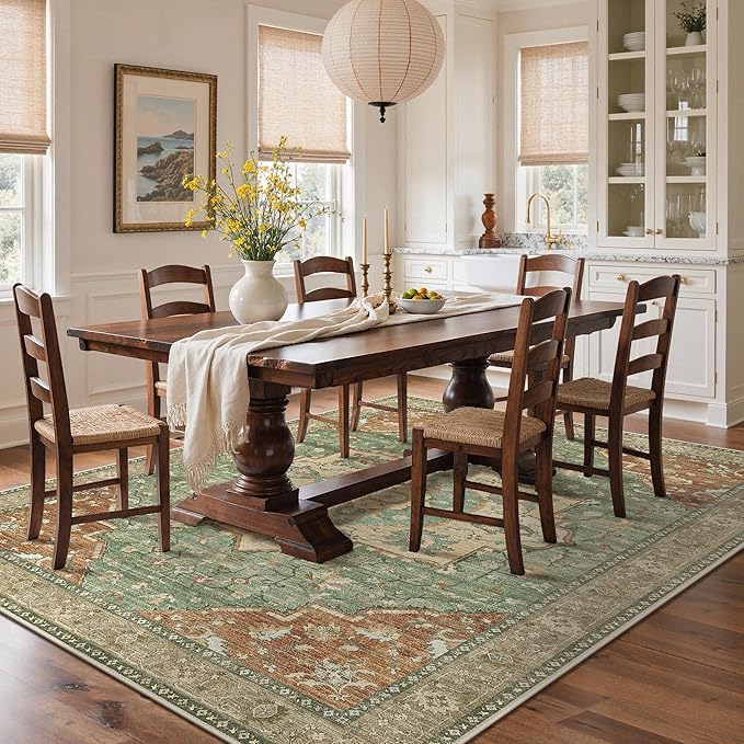 GENIMO 6x9 Area Rugs for Living Room, Machine Washable Non Slip Vintage Rugs, Low Pile Lightweight Chenille Print Rug for Bedroom, Dining Room, Home Office