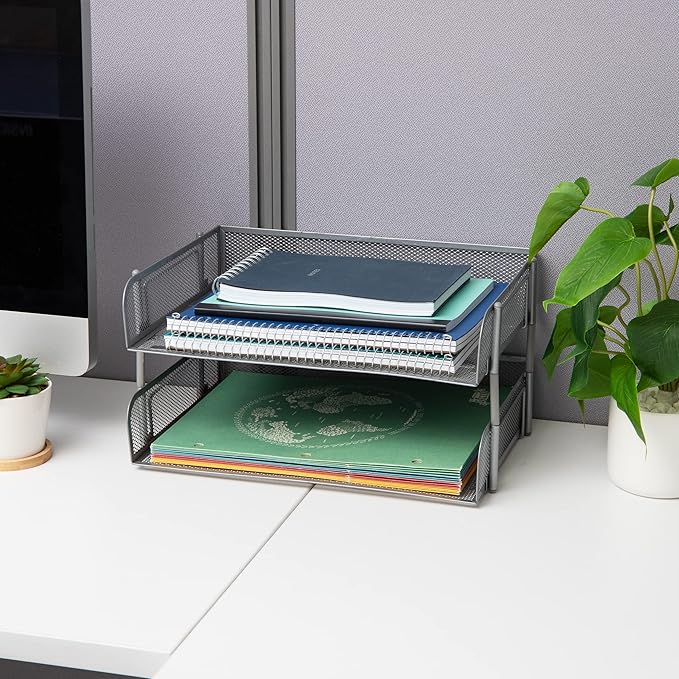 Mind Reader Stackable Paper Tray, Desktop Organizer, File Storage, Office, Metal Mesh, 13.5" L x 10" W x 7.25" H, 2 Pcs., Silver