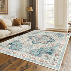 GENIMO 9x12 Area Rugs for Living Room, Machine Washable Non Slip Rugs, Low Pile Lightweight Vintage Print Rug for Bedroom, Dining Room, Home Office, Cyan/White