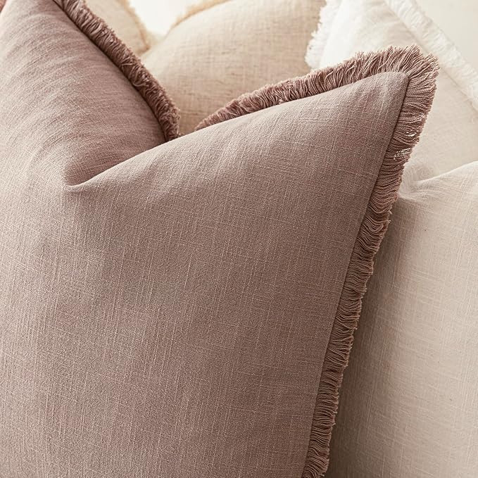 Foindtower Set of 2 Decorative Linen Fringe Lumbar Throw Pillow Covers Farmhouse Cushion Cover with Tassels Soft Accent Pillowcase for Couch Sofa Bed Living Room Home Decor,12×20 Inch,Dusty Pink