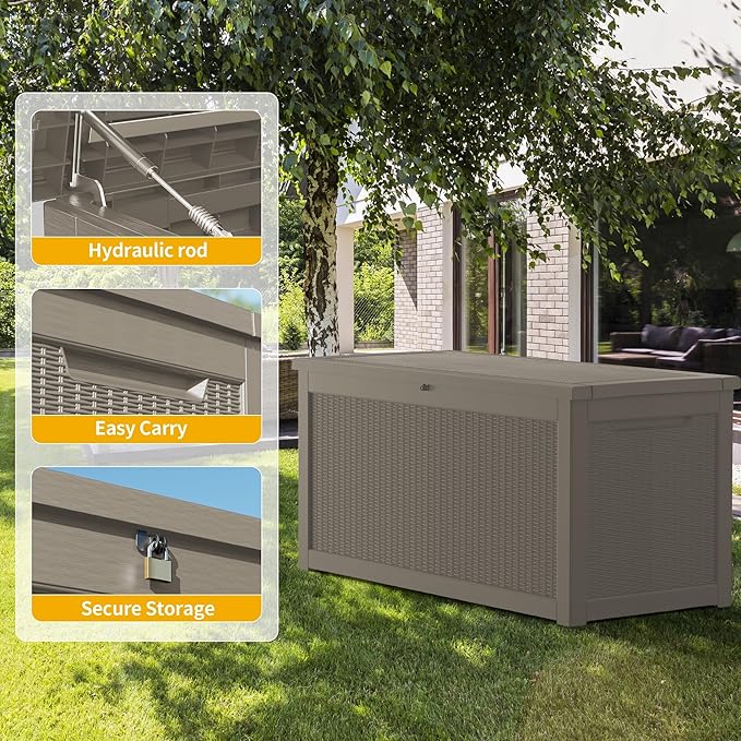 Yardgrace 320 Gallon Lockable Resin Deck Box, Waterproof & UV-Resistant Outdoor Storage Box for Outdoor Cushion Storage, Garden Tools & Pool Accessories Storage, Gray