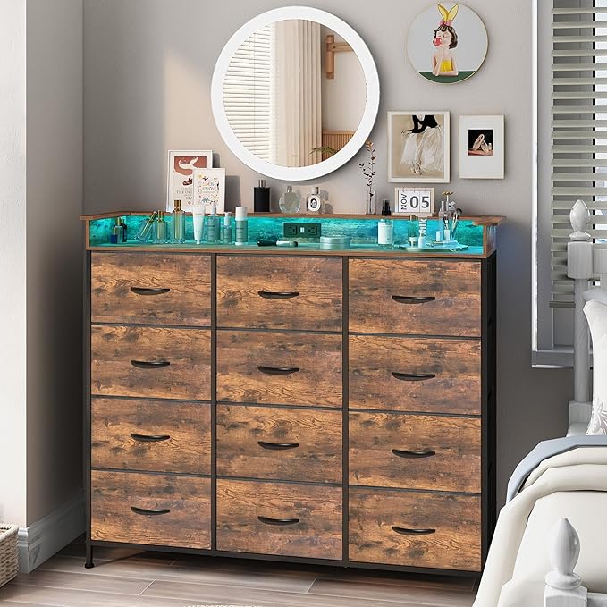 Welfuturer Dresser for Bedroom with 12 Drawers Clothes Dresser with Charging Station and LED Light Fabric Storage Tower for Living Room Hallway Closet Sturdy Steel Frame Wooden Top Rustic Brown