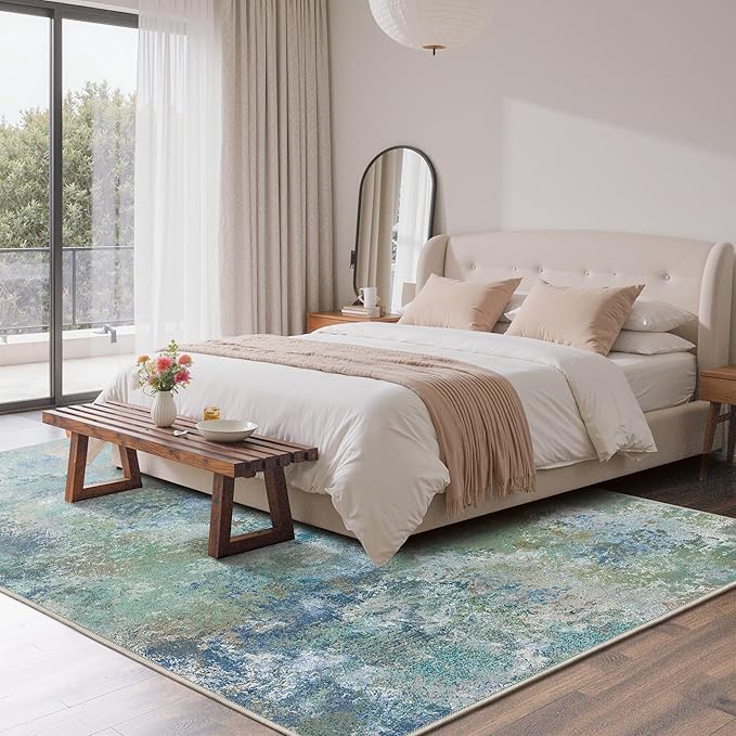 GENIMO Washable Rugs 10x14 Area Rugs for Living Room Bedroom, Modern Lightweight Rug Ultra Soft Indoor Area Rugs 10x14 for Dining Room, Low Pile Carpet with Non Slip Backing, Blue Green