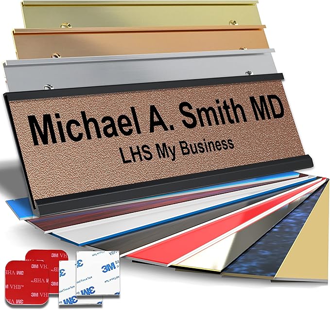 Personalized Name Plate with Choice of Mounting Holders for Walls, Doors, Cubicles, Hanging and More - Custom Textured Copper Plastic Black Letters - USA Made 2x12 - M2