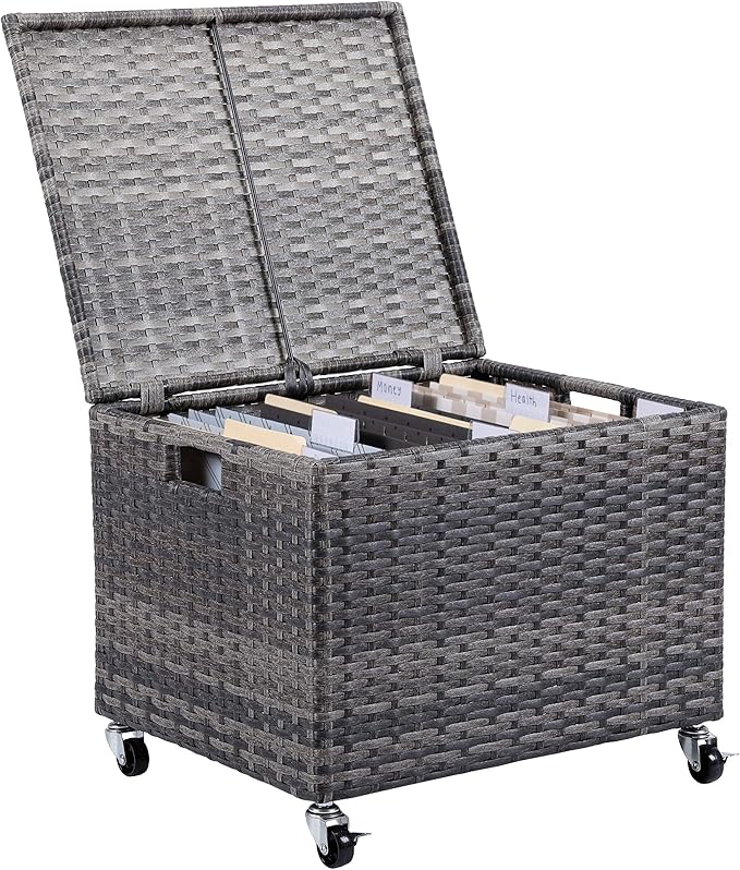 BIRDROCK HOME Rolling File Box - Storage Cabinet with Wheels - Weatherproof Rattan-Style Resin Deck Chest for Garden, Home and Office - Organize Cushions, Toys, and Accessories - Storage Box - Grey